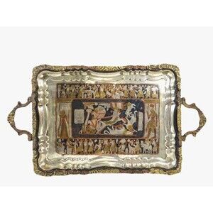 Vintage Egyptian Figural Horse Chariot Copper Silver Metal Serving Platter Tray